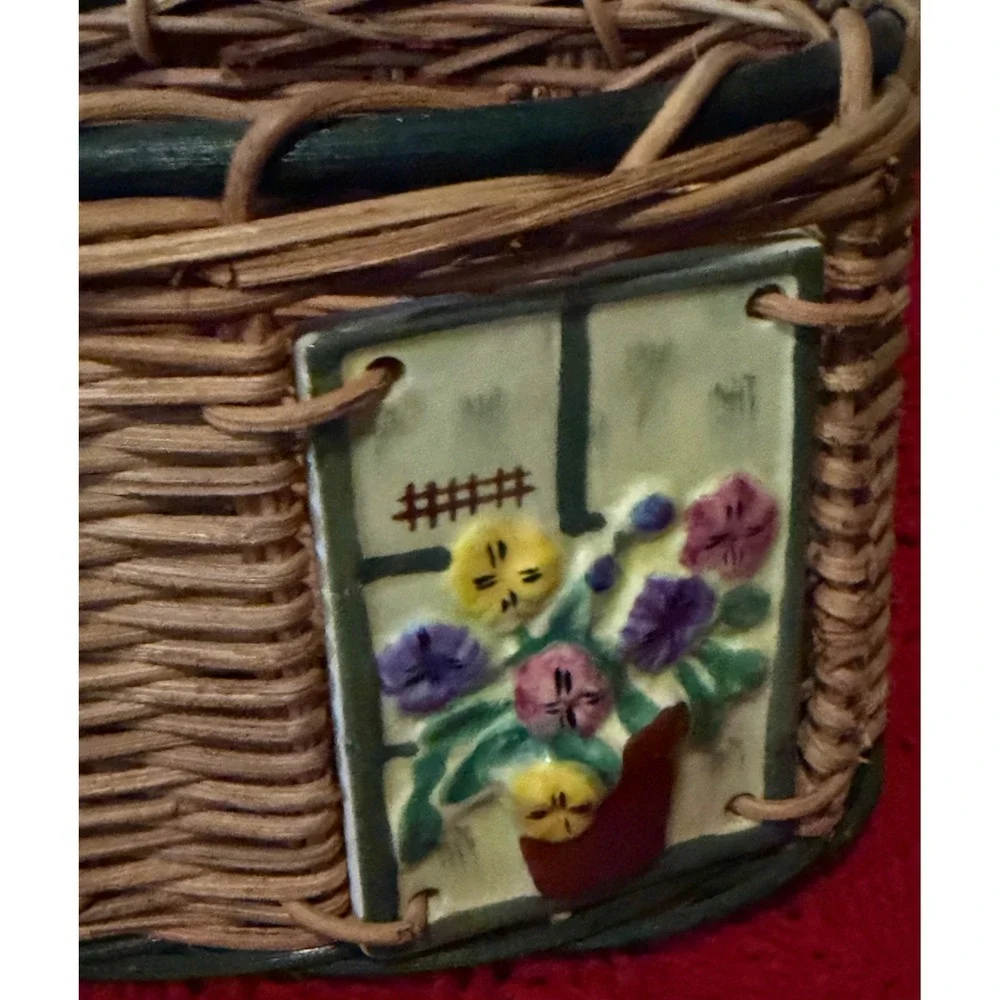 Vintage Wicker Wall Hanging Basket 3D Ceramic Cat and Floral Tiles Cottagecore
